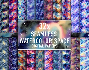 Digitalt papper med akvarellgalax, sömlöst mönster med akvarelluniversum, rymdtryck, galaxklippbok