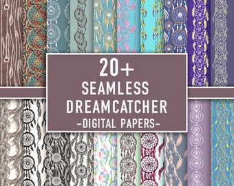 Drömfångare digitalt papper, boho sömlöst mönster, drömfångaretryck, fjäderbakgrund, vårpapper, klippbok