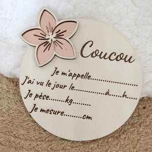 Carte bienvenue bébé, fleur rose Gold sur bois