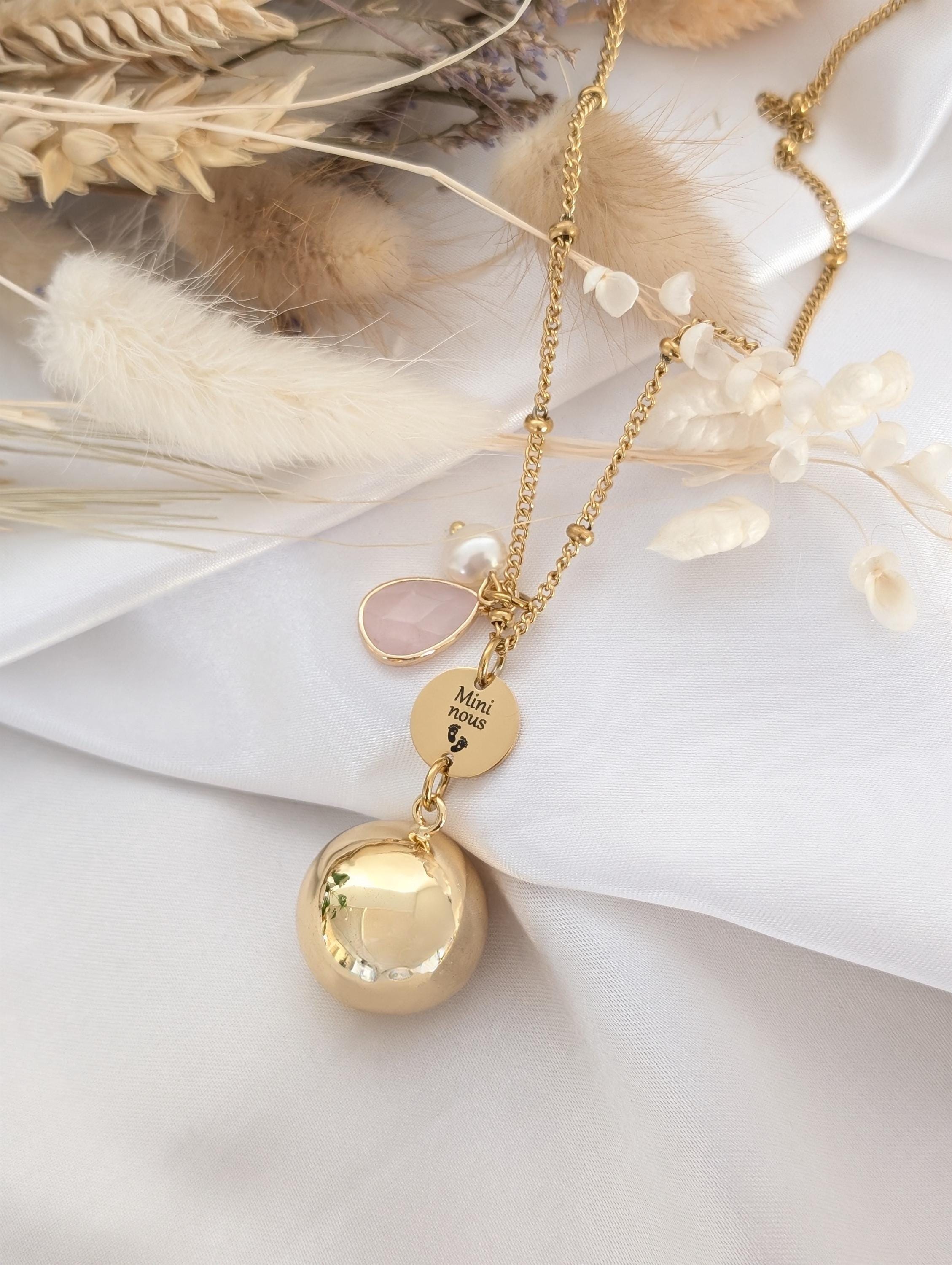 Collier Femme Perles Dorées Avec Pendentif Pierre - Longueur 53 Cm (21 Pouces)