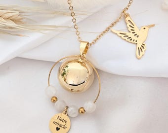 Bola de grossesse, collier femme enceinte PMA colibri et pierres naturelles