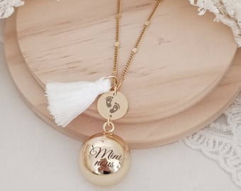 Gold or silver pregnancy bola with engraved ball, feet medal. Pregnant woman necklace