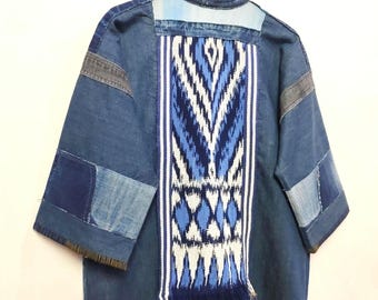 Kimono de patchwork de mezclilla, chaqueta de patchwork reciclada