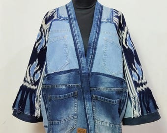 Kimono Denim Patchwork With Blue Cotton Weaving, Upcycled Denim Jacket, Reworked Jeans