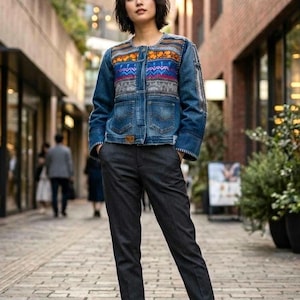 May include: A blue denim jacket featuring a round neckline and a multi-coloured embroidered panel across the chest with orange, blue, and grey geometric patterns. The jacket has two front pockets, long sleeves, and is paired with dark grey trousers.