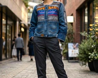 Unique Upcycled Denim Jacket with Indonesian Batik Patchwork, Reworked jeans