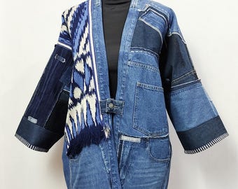 Kimono em patchwork de denim com trama de algodão, jaqueta jeans reciclada