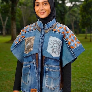 Reconstructed Denim Patchwork Vest, Kawung Batik, Sustainable Boho Jean Jacket