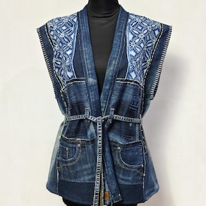 Denim Patchwork Vest With Kawung motif Batik, Recycled Jeans, Upcycling clothing Gift For Her