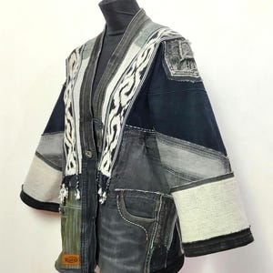 Black Gray Denim Kimono Jacket, Handwoven Textile, Upcycled Patchwork Design