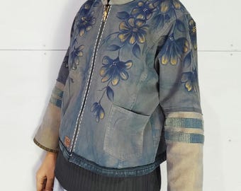 Upcycled Floral Painted Denim Jacket, Muted Blue Patchwork Bomber