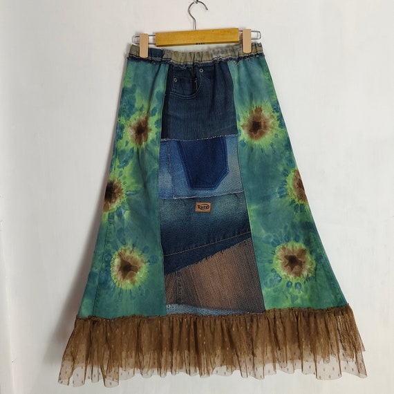 Boho Denim Patchwork Skirt: Upcycled Jeans, Shibori Cotton, Tulle Trim