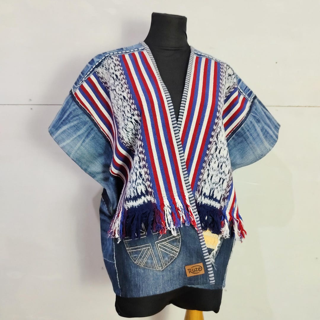 Recycled Denim Patchwork Vest With Java Cotton Weave - Etsy