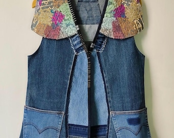 Chaleco vaquero de patchwork, estilo bohemio hippie único, pieza única