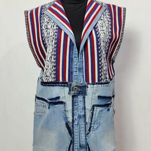 Denim Patchwork Vest with Red Blue Cotton Weaving, Recycled Jeans, Upcycling clothing Gift For Her