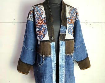 Chaqueta kimono de mezclilla batik reciclada, abrigo urbano de pana con patchwork de Borneo