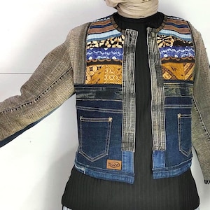 Batik Patchwork Short Denim Jacket, Upcycled Jeans, Unique Handmade