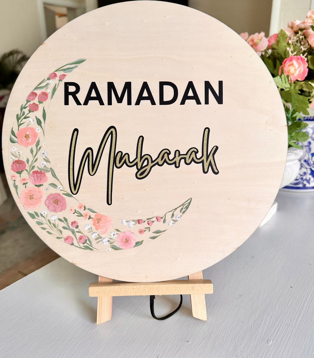 Ramadan Mubarak Sign With Beautiful Hand Painted Floral Moon Hanging