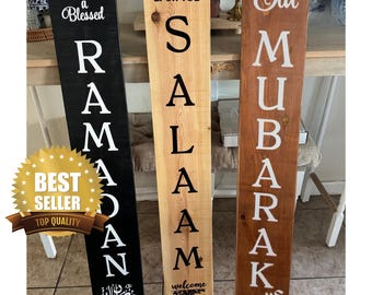 Ramadan decor DOUBLE SIDED Welcome tall porch sign standing door entry sign wreath + Eid Mubarak Or SALAAM welcome -Muslim Islamic wood gift