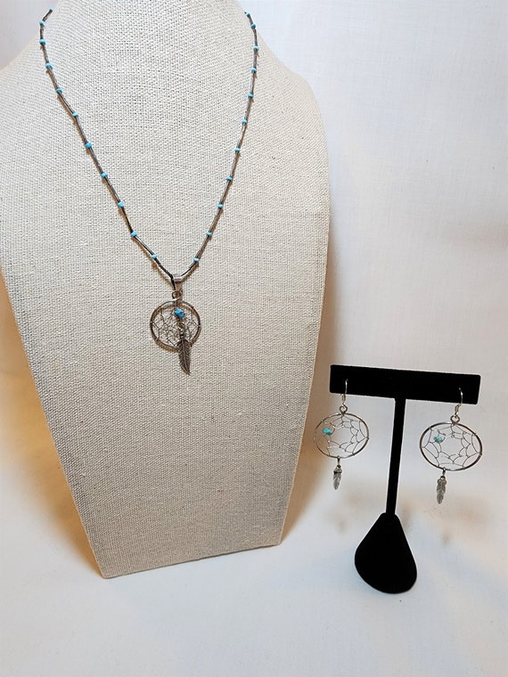 Vintage Silver and Turquoise Dreamcatcher Necklac… - image 1