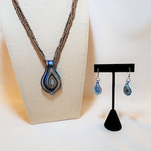 Blue and Copper Glass Pendant and Earrings