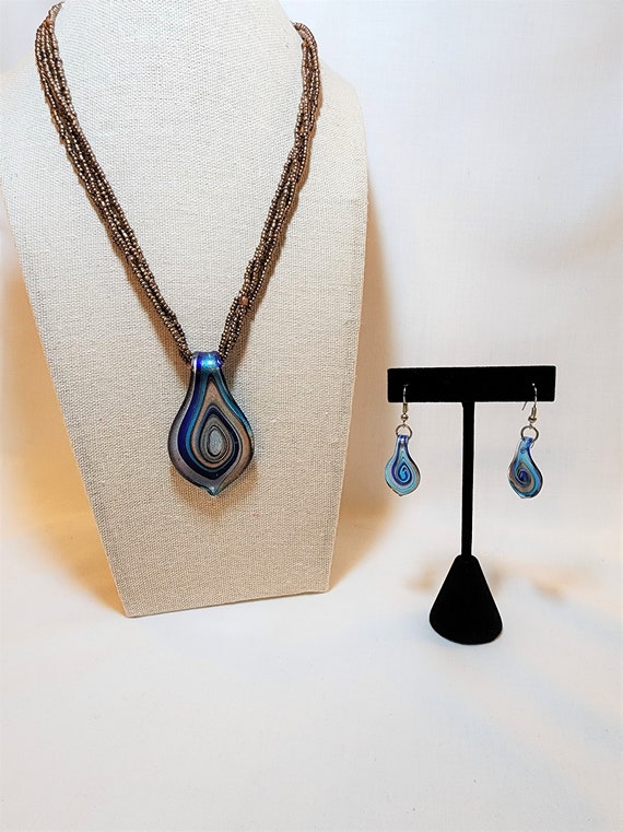 Blue and Copper Glass Pendant and Earrings