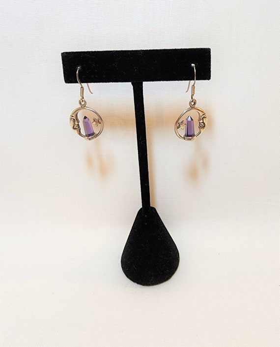 Vintage Moon and Star Earrings with Amethyst Crys… - image 1