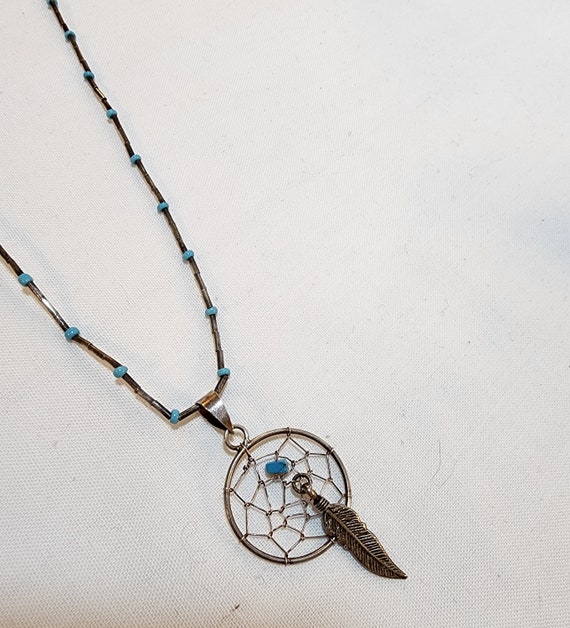 Vintage Silver and Turquoise Dreamcatcher Necklac… - image 2