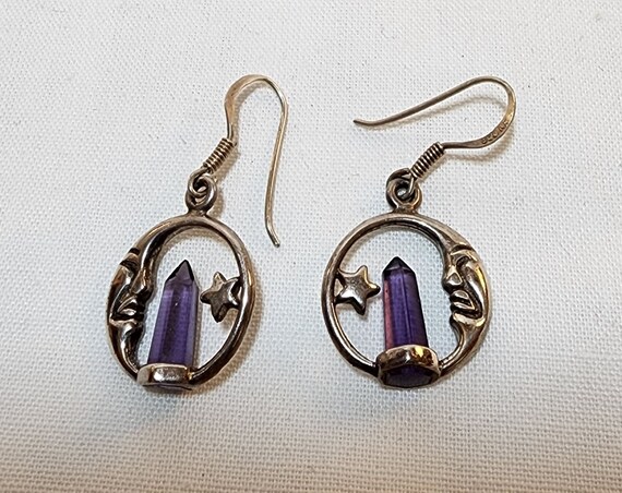 Vintage Moon and Star Earrings with Amethyst Crys… - image 2