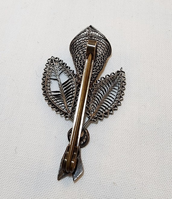 Antique Silver Filigree Lily Brooch - image 2