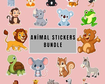 Op de afbeelding: Een verzameling kleurrijke cartoon dierenstickers, waaronder een leeuw, panda en koala, op een roze achtergrond. De stickers zijn van verschillende maten en vormen. De tekst "ANIMAL STICKERS BUNDLE" staat in een grijze rechthoek.