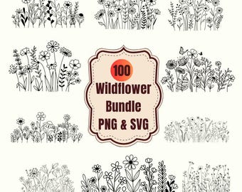 100 Wildflower svg Bundle, Outline Flower svg png, Minimalist Flower Bouquet png svg, Boho Vintage flower Svg & Png