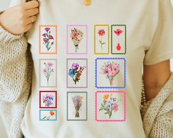 Watercolor flower postage stamps png, Flower stamps png, retro flower png, bohemian flower svg, vintage flower png, T-shirt design png