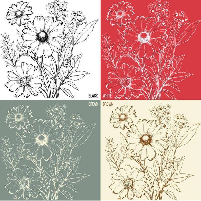May include: Four floral illustrations in black and white, white on red, cream on green, and brown on cream. Each features detailed line art of daisies and other flowers, with the text "BLACK", "WHITE", "CREAM", and "BROWN" below each.