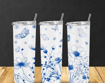 Blue and White Wild Flowers and Butterfly Tumbler Wrap Seamless Sublimation Design 20oz Skinny Tumbler Straight/Tapered PNG File