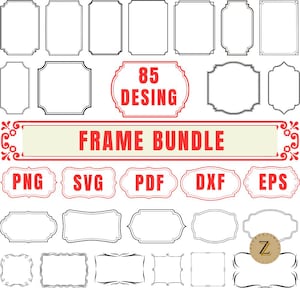 May include: A collection of 85 frame designs in various shapes and styles, including rectangular, oval, and ornate borders. The image includes the text "FRAME BUNDLE" and file type labels such as PNG, SVG, PDF, DXF, and EPS.