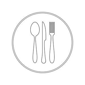 May include: A black and white line drawing of a fork, knife, and spoon inside a circle, representing a restaurant or dining experience.