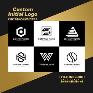 May include: A set of six black and white logo designs featuring different letter combinations and geometric shapes. The logos are arranged in a grid pattern on a black and white background. The text "Custom Initial Logo For Your Business" appears at the top of the image. The text "FILE INCLUDE" appears at the bottom of the image, along with a list of file formats: AI, EPS, PDF, SVG, PNG, JPG.
