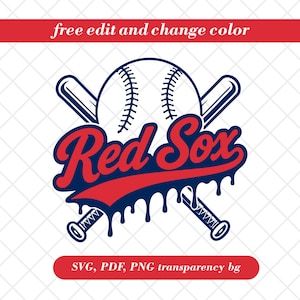 Puede incluir: Gráfico con temática de béisbol con una pelota blanca, bates cruzados y el texto "Red Sox" en rojo con efecto de goteo. La imagen también incluye el texto "free edit and change color" y "SVG, PDF, PNG transparency bg".
