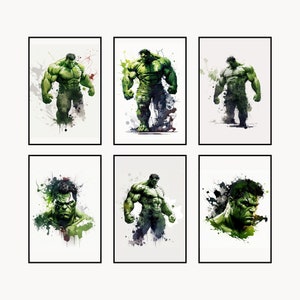 Hulk, Set 6 superhero download watercolor print, digital superhero poster, printable superhero art for nursery room