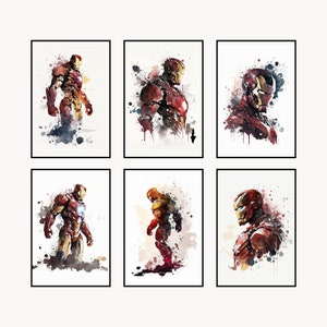 Iron Man, Set 6 superhero download watercolor print, digital superhero poster, printable superhero art for nursery room
