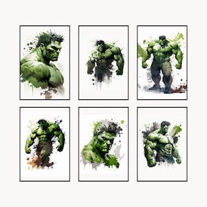 Hulk, Set 6 superhero download watercolor print, digital superhero poster, printable superhero art for nursery room