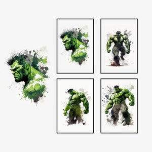 Hulk, Set 4 superhero download watercolor print, digital superhero poster, printable superhero art for nursery room