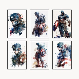 Captain America, Set 6 superhero download watercolor print, digital superhero poster, printable superhero art for nursery room