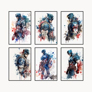 Captain America Watercolor Print Set: Superhero Nursery Art (Digital Download)