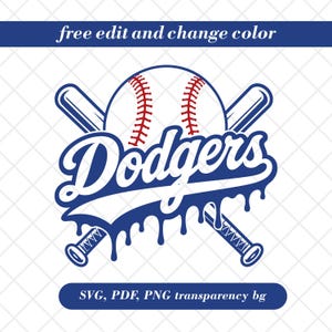 Puede incluir: Gráfico temático de béisbol con una pelota blanca con costuras rojas, la palabra "Dodgers" en azul y dos bates de béisbol cruzados. La imagen incluye el texto "free edit and change color" y "SVG, PDF, PNG transparency bg".
