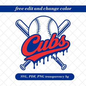 Puede incluir: Gráfico con temática de béisbol con una pelota, dos bates cruzados y la palabra "Cubs" en rojo y azul. La imagen incluye el texto "free edit and change color" y "SVG, PDF, PNG transparency bg".