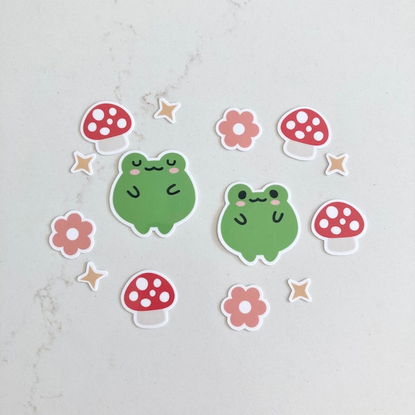 Frog, Mushroom, Kawaii - Waterproof Froggy Forest Vinyl Stickers and Decal Pack