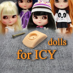 May include: Four dolls with different hair colors and styles, including blonde, blue, black, and red. The dolls are in front of a gray background. A screw and a beige plastic object are in the foreground. The text "dolls for ICY" is in orange.
