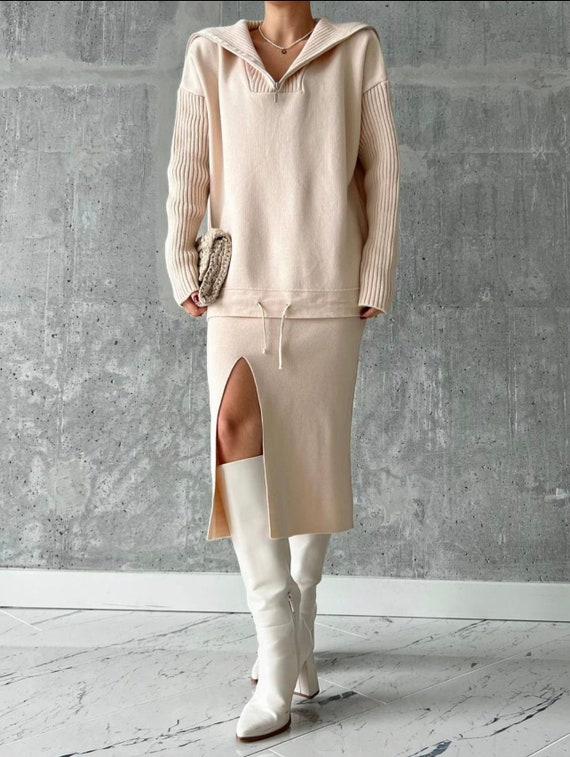 Set of Two Pieces Skirt and Jacket Beige Color Etsy Canada